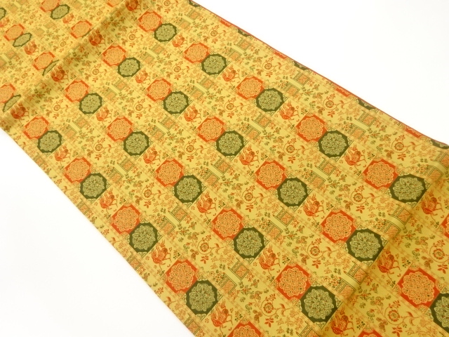 縞に華紋・変わり花葉模様織出し袋帯